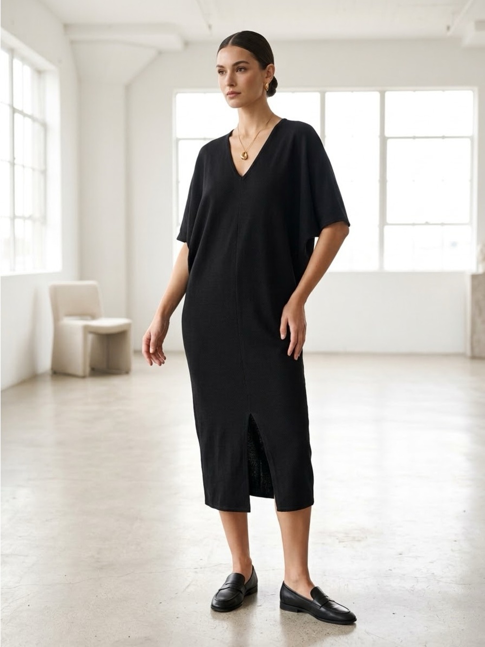 Vintage 90s Linda Lundström Black V-Neck Kaftan Midi Dress - Medium